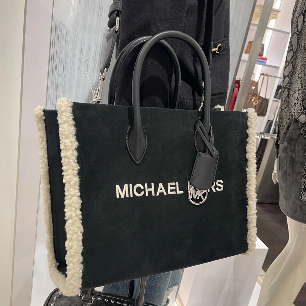 MICHAEL KORS Mirella Medium Suede and Faux Shearling Tote Bag Black  NWT
